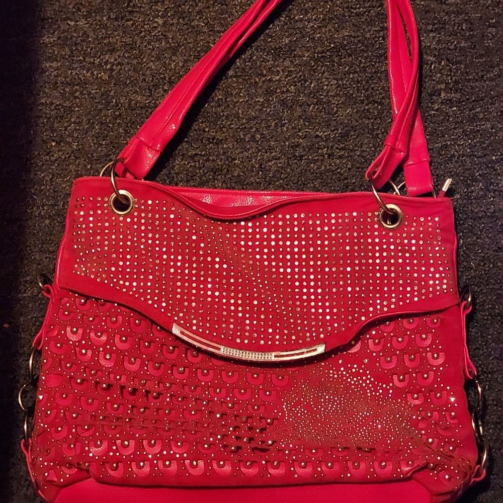 Womens Fashion Red Shoulder Handbag With Adjustable Straps And Silver Accents